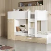 Vente-unique Lits superposés avec tiroir lit gigogne et rangements 3 x 90 x 190 cm - Blanc et Naturel + matelas - ANTHONY