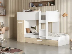 Vente-unique Lits superposés avec tiroir lit gigogne et rangements 3 x 90 x 190 cm - Blanc et Naturel + matelas - ANTHONY