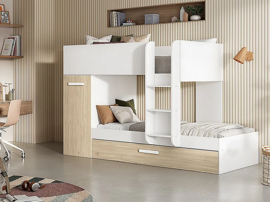 Vente-unique Lits superposés avec tiroir lit gigogne et rangements 3 x 90 x 190 cm - Blanc et Naturel + matelas - ANTHONY