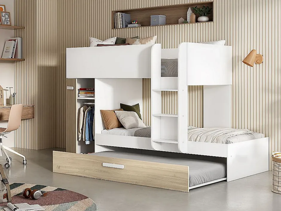 Vente-unique Lits superposés avec tiroir lit gigogne et rangements 3 x 90 x 190 cm - Blanc et Naturel + matelas - ANTHONY