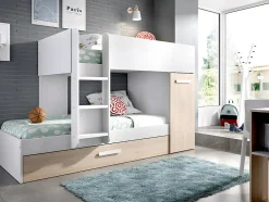 Vente-unique Lits superposés avec tiroir lit gigogne et rangements 3 x 90 x 190 cm - Blanc et Naturel + matelas - ANTHONY