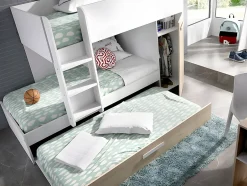 Vente-unique Lits superposés avec tiroir lit gigogne et rangements 3 x 90 x 190 cm - Blanc et Naturel + matelas - ANTHONY