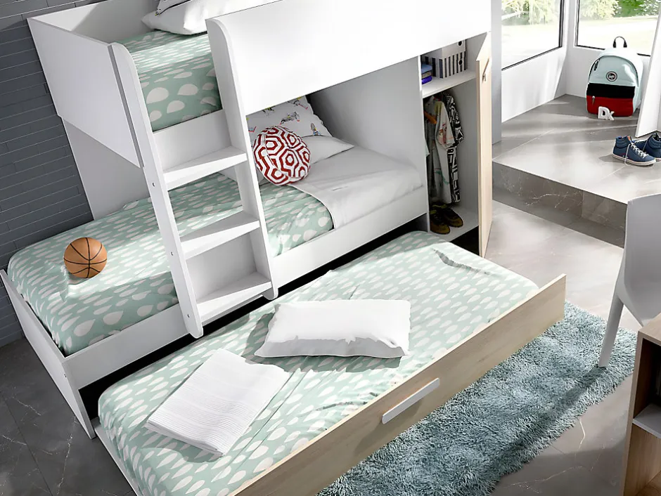 Vente-unique Lits superposés avec tiroir lit gigogne et rangements 3 x 90 x 190 cm - Blanc et Naturel + matelas - ANTHONY