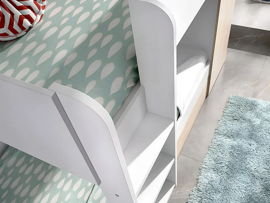 Vente-unique Lits superposés avec tiroir lit gigogne et rangements 3 x 90 x 190 cm - Blanc et Naturel + matelas - ANTHONY