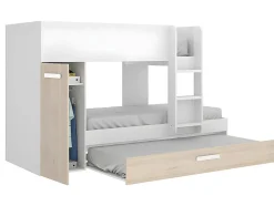 Vente-unique Lits superposés avec tiroir lit gigogne et rangements 3 x 90 x 190 cm - Blanc et Naturel + matelas - ANTHONY