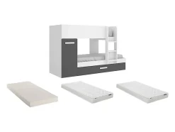 Vente-unique Lits superposés avec tiroir lit gigogne et rangements 3 x 90 x 190 cm - Anthracite et Blanc + matelas - ANTHONY Clearance