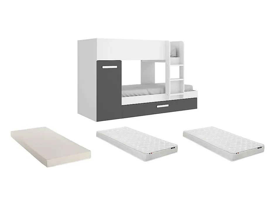 Vente-unique Lits superposés avec tiroir lit gigogne et rangements 3 x 90 x 190 cm - Anthracite et Blanc + matelas - ANTHONY Clearance