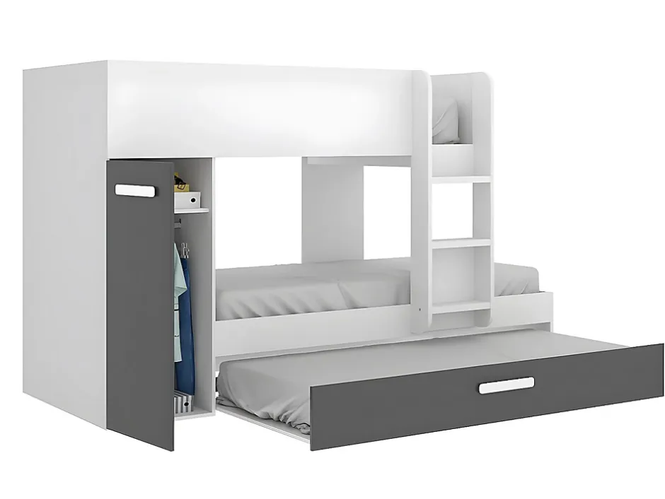 Vente-unique Lits superposés avec tiroir lit gigogne et rangements 3 x 90 x 190 cm - Anthracite et Blanc + matelas - ANTHONY Clearance