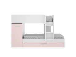 Vente-unique Lits superposés avec tiroir lit gigogne et rangements 3 x 90 x 190 cm - Blanc et rose + matelas - ANTHONY Best