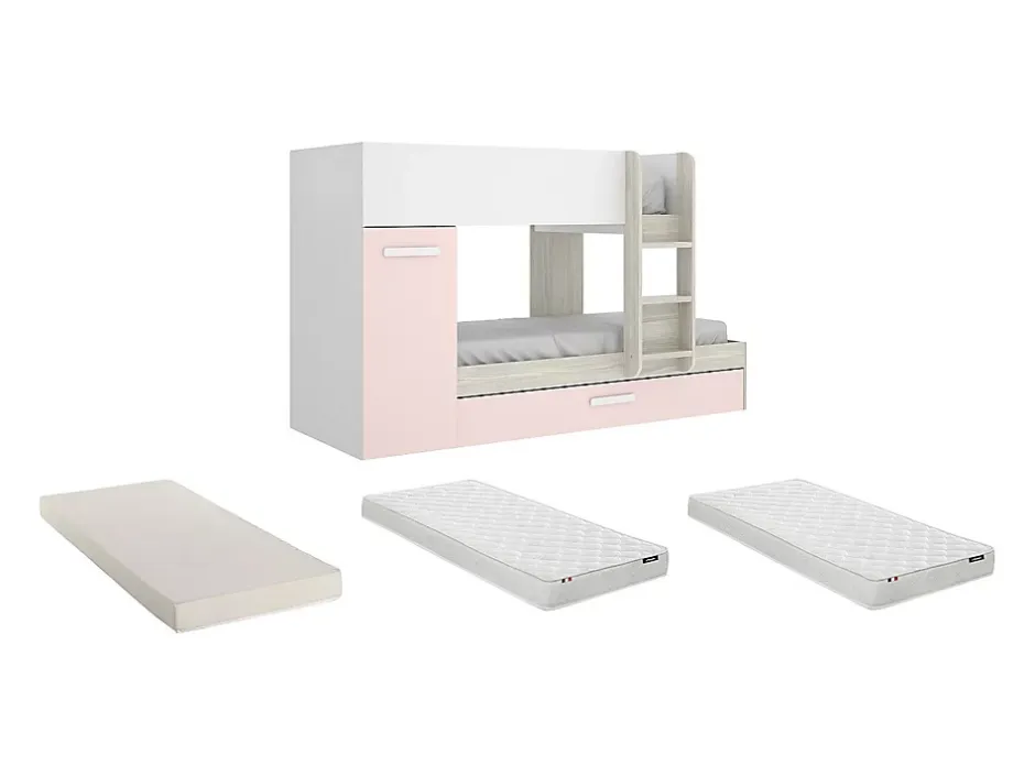 Vente-unique Lits superposés avec tiroir lit gigogne et rangements 3 x 90 x 190 cm - Blanc et rose + matelas - ANTHONY Best