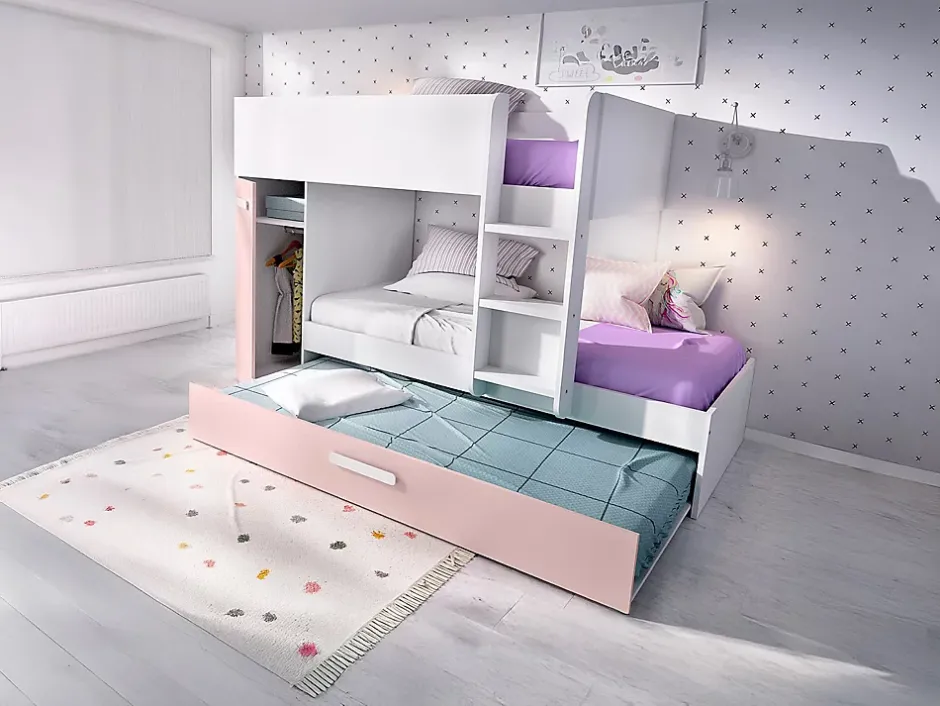 Vente-unique Lits superposés avec tiroir lit gigogne et rangements 3 x 90 x 190 cm - Blanc et rose + matelas - ANTHONY Best