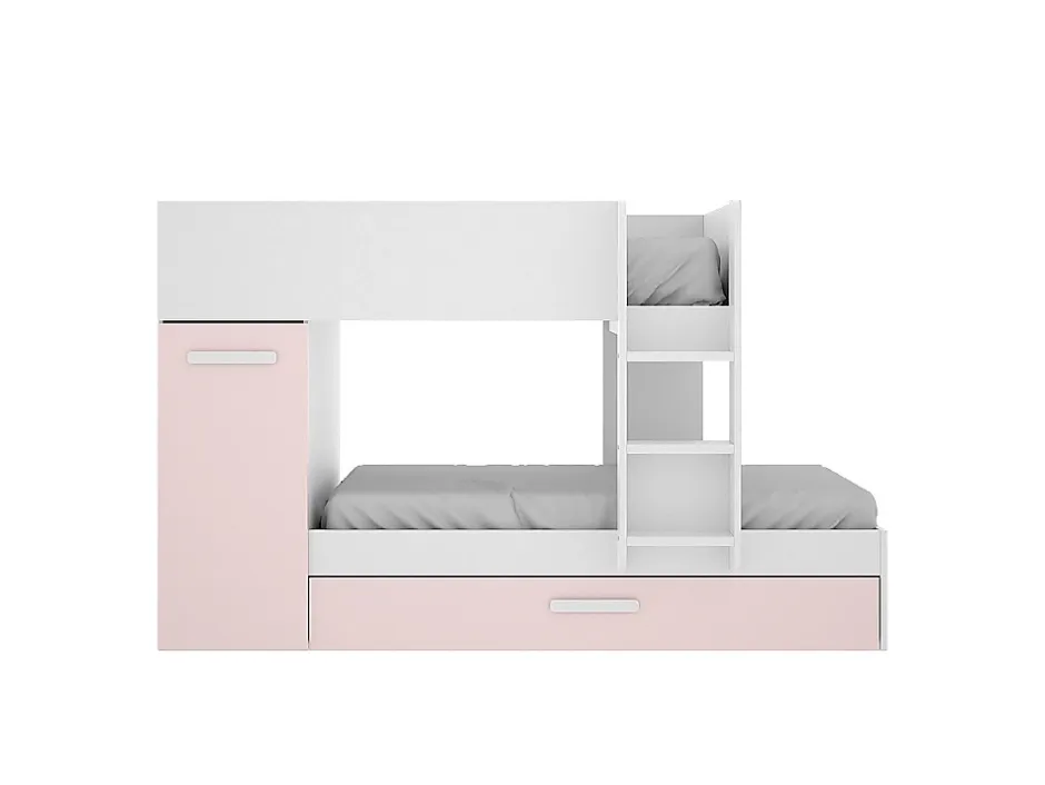 Vente-unique Lits superposés avec tiroir lit gigogne et rangements 3 x 90 x 190 cm - Blanc et rose - ANTHONY Clearance