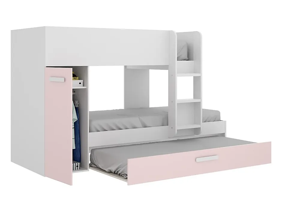 Vente-unique Lits superposés avec tiroir lit gigogne et rangements 3 x 90 x 190 cm - Blanc et rose - ANTHONY Clearance