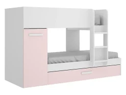 Vente-unique Lits superposés avec tiroir lit gigogne et rangements 3 x 90 x 190 cm - Blanc et rose - ANTHONY Clearance