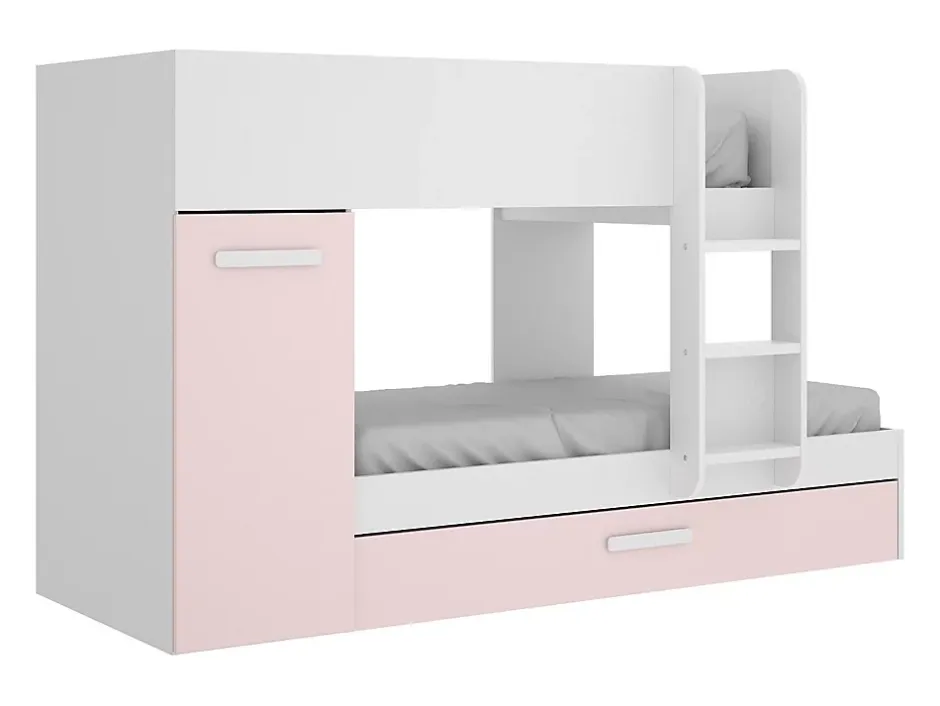 Vente-unique Lits superposés avec tiroir lit gigogne et rangements 3 x 90 x 190 cm - Blanc et rose - ANTHONY Clearance