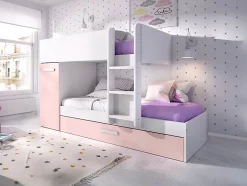 Vente-unique Lits superposés avec tiroir lit gigogne et rangements 3 x 90 x 190 cm - Blanc et rose - ANTHONY Clearance