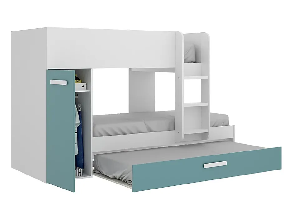 Vente-unique Lits superposés avec tiroir lit gigogne et rangements 3 x 90 x 190 cm - Blanc et bleu - ANTHONY Clearance