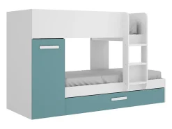 Vente-unique Lits superposés avec tiroir lit gigogne et rangements 3 x 90 x 190 cm - Blanc et bleu - ANTHONY Clearance