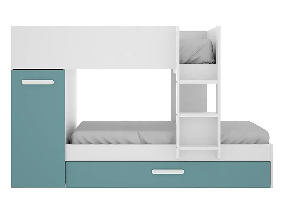 Vente-unique Lits superposés avec tiroir lit gigogne et rangements 3 x 90 x 190 cm - Blanc et bleu - ANTHONY Clearance