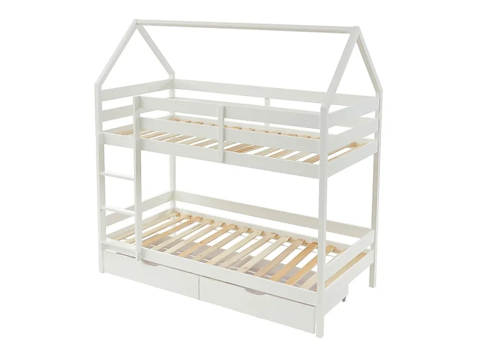 Vente-unique Lits superposés cabane 2 x 90 x 190 cm - 2 tiroirs - Pin - Blanc - CHORI Discount