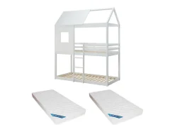 Enfant Vente-unique Lits superposés cabane 2 x 90 x 190 cm - Pin et MDF - Blanc + Matelas - LIDOVARA