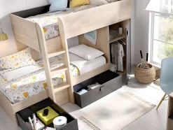 Enfant Vente-unique Lits superposés d'angle réversibles RICARDO - 2 x 90 x 190 cm - Rangements intégrés - Chêne et anthracite