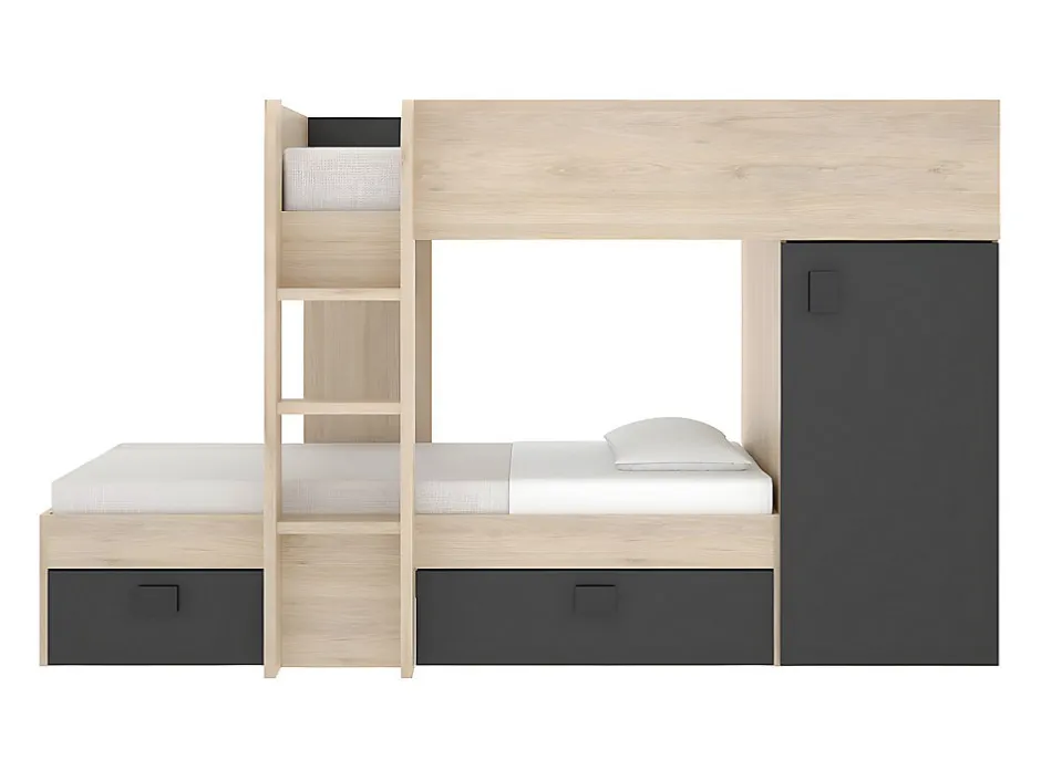 Enfant Vente-unique Lits superposés d'angle réversibles RICARDO - 2 x 90 x 190 cm - Rangements intégrés - Chêne et anthracite