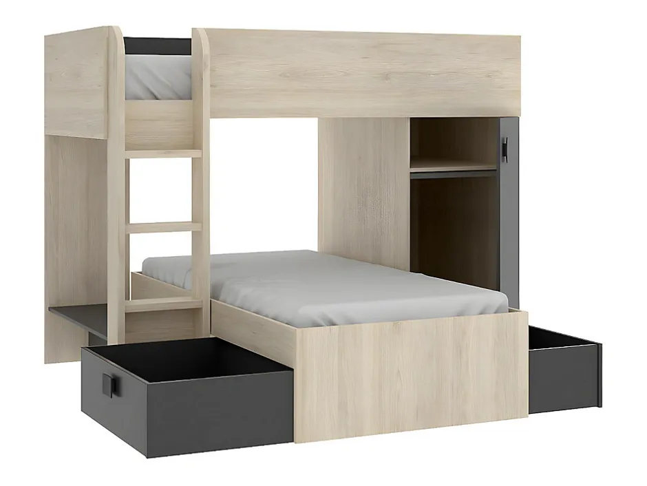 Enfant Vente-unique Lits superposés d'angle réversibles RICARDO - 2 x 90 x 190 cm - Rangements intégrés - Chêne et anthracite
