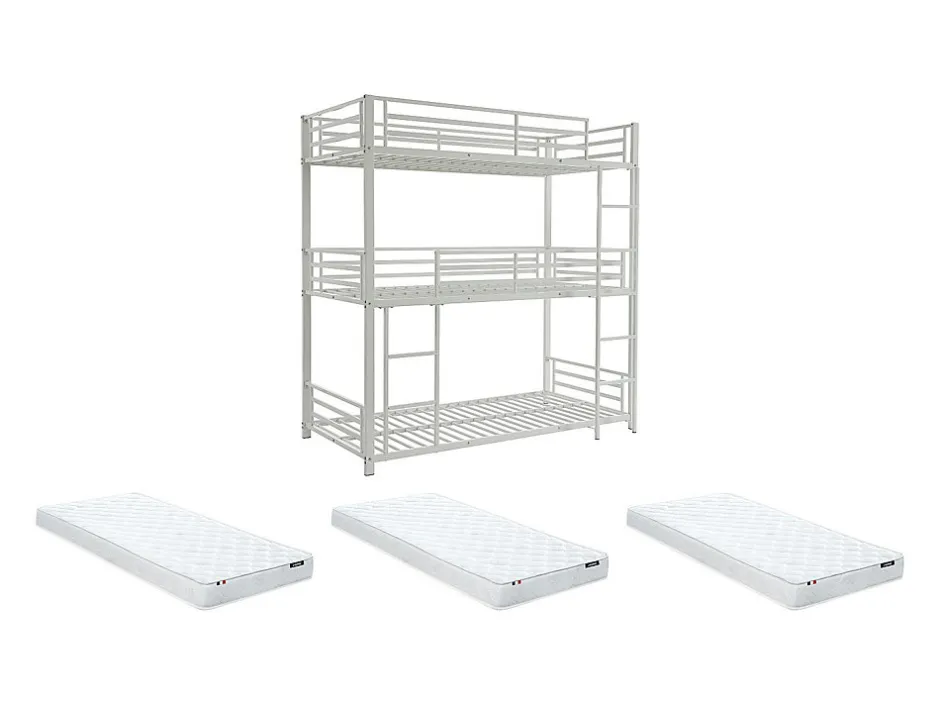Enfant Vente-unique Lits superposés triple 3 x 90 x 190 cm - Métal - Blanc + Matelas - ELOUAN III