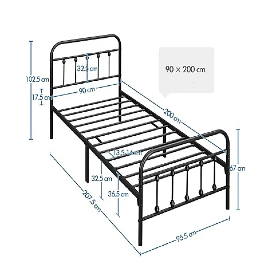 Nature Pro Lot 2 Cadres de Lit Simple 90x200cm Métal Noir + Sommiers à Lattes Design Moderne Chambre New
