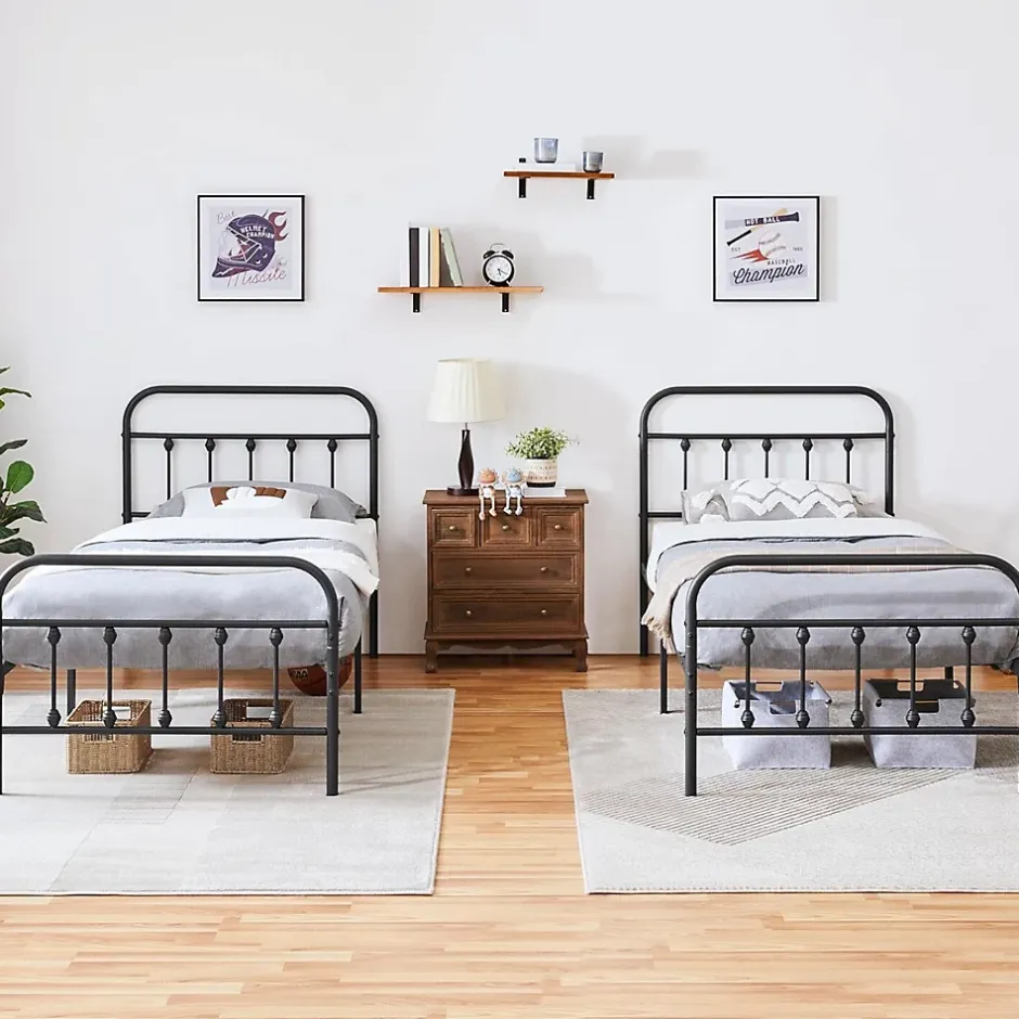 Nature Pro Lot 2 Cadres de Lit Simple 90x200cm Métal Noir + Sommiers à Lattes Design Moderne Chambre New