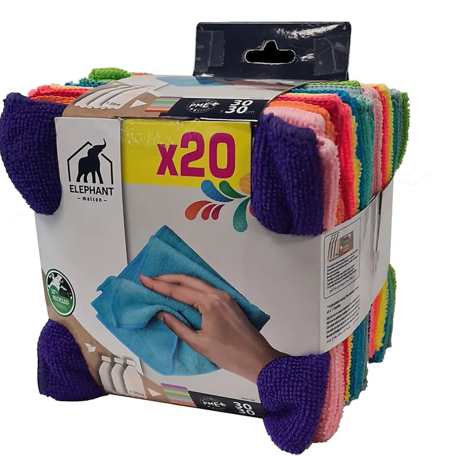 Elephant Lot 20 lavettes microfibre Eléphant l.30 x L.30cm multicolore