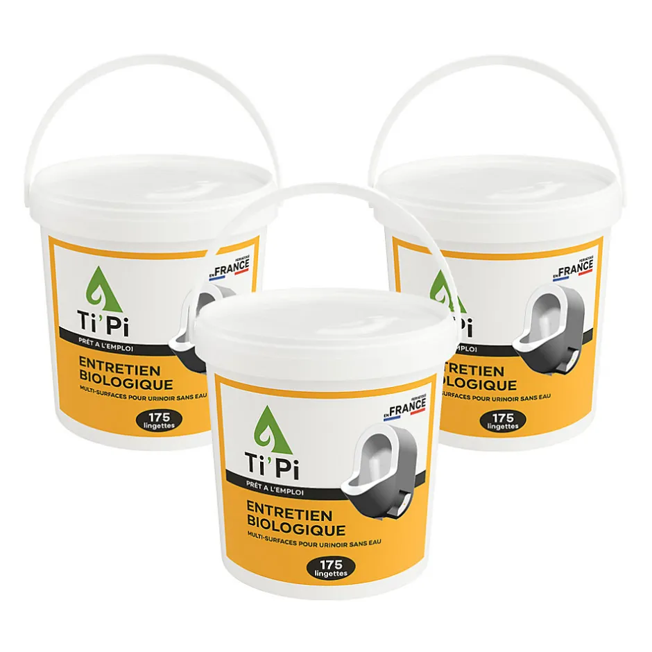 Ti'Pi Lot 3 x entretien biologique pour urinoir sans eau en pot de 175 lingettes - Produit 2 en 1 - Nettoyant et détartrant