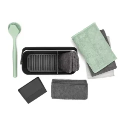 Brabantia Lot d'accessoires de cuisine avec brosse à vaisselle, raclette, 3 éponges en microfibres et 2 chiffons de nettoyage, gris foncé, SinkSide Discount