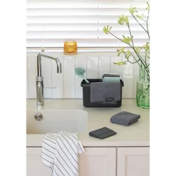 Brabantia Lot d'accessoires de cuisine avec brosse à vaisselle, raclette, 3 éponges en microfibres et 2 chiffons de nettoyage, gris foncé, SinkSide Discount