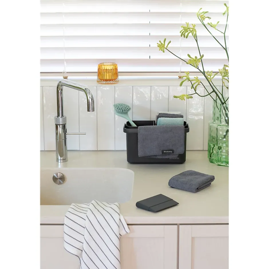 Brabantia Lot d'accessoires de cuisine avec brosse à vaisselle, raclette, 3 éponges en microfibres et 2 chiffons de nettoyage, gris foncé, SinkSide Discount
