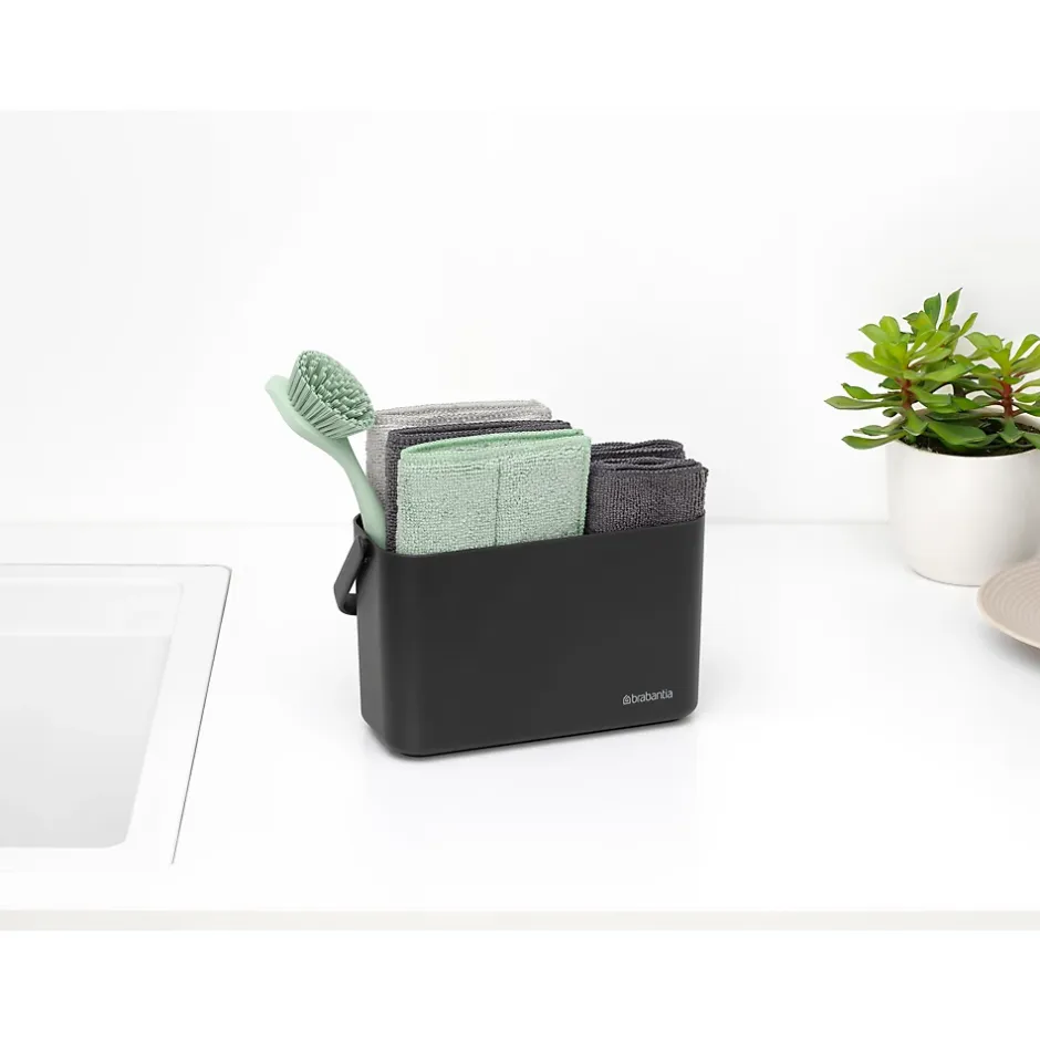 Brabantia Lot d'accessoires de cuisine avec brosse à vaisselle, raclette, 3 éponges en microfibres et 2 chiffons de nettoyage, gris foncé, SinkSide Discount