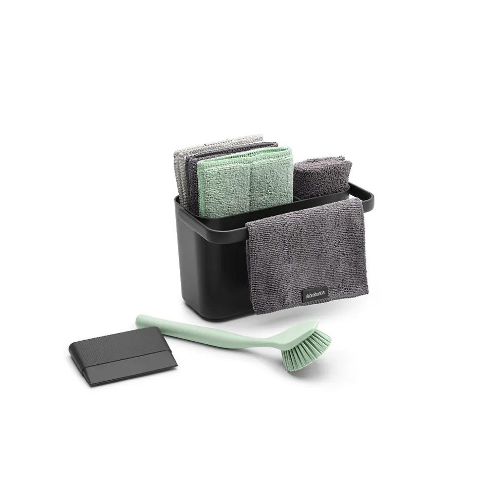 Brabantia Lot d'accessoires de cuisine avec brosse à vaisselle, raclette, 3 éponges en microfibres et 2 chiffons de nettoyage, gris foncé, SinkSide Discount