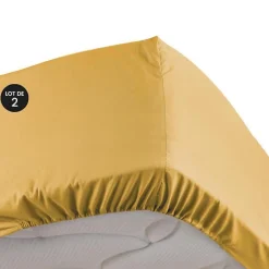 L'Effet Papillon Lot de 2 Drap housse 100% percale ultra doux 160 x 200 cm 78 fils bonnet 30 cm Jaune