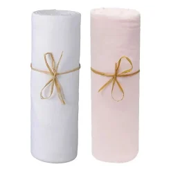 Coton Pur Lot de 2 Draps housse lit bébé 60 x 120 cm / 100% coton / 57 fils/cm² - 1 Blanc + 1 Rose Outlet