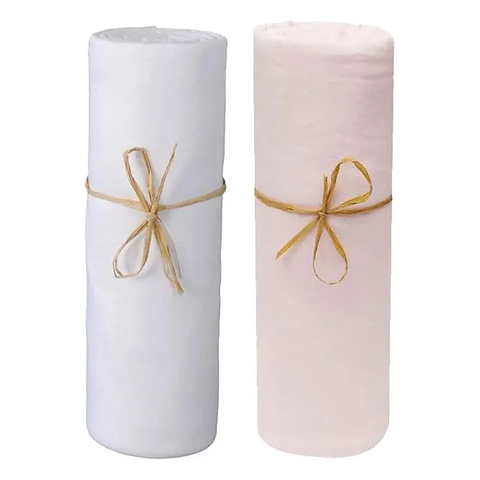 Coton Pur Lot de 2 Draps housse lit bébé 60 x 120 cm / 100% coton / 57 fils/cm² - 1 Blanc + 1 Rose Outlet
