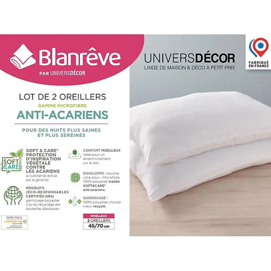 Blanreve Lot de 2 oreillers 45 x 70 cm Blanrêve Gamme "Douceur" traité Anti Acarien Outlet