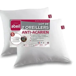 Abeil Lot de 2 oreillers anti-acariens - 60 x 60 cm - 100% coton traité Bio -