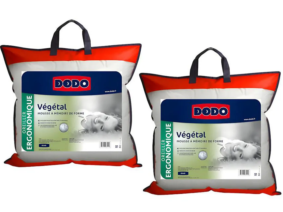 Dodo Lot de 2 oreillers ergonomiques à mémoire de forme - 60x60 cm - VEGETAL