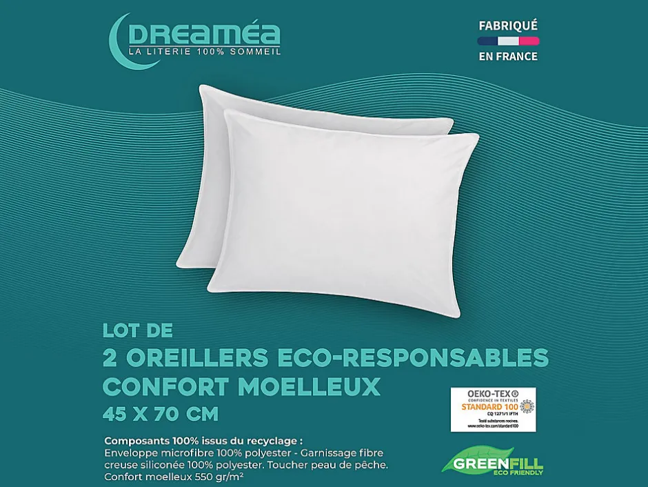 Vente-unique Lot de 2 oreillers recyclés 45 x 70 cm de DREAMEA - Enveloppe 100% microfibre - ROSA