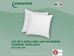 Vente-unique Lot de 2 oreillers traitement anti-acariens naturel Greencare - 60 x 60 cm - 550 gr - Blanc - coton - AZYLIA Discount
