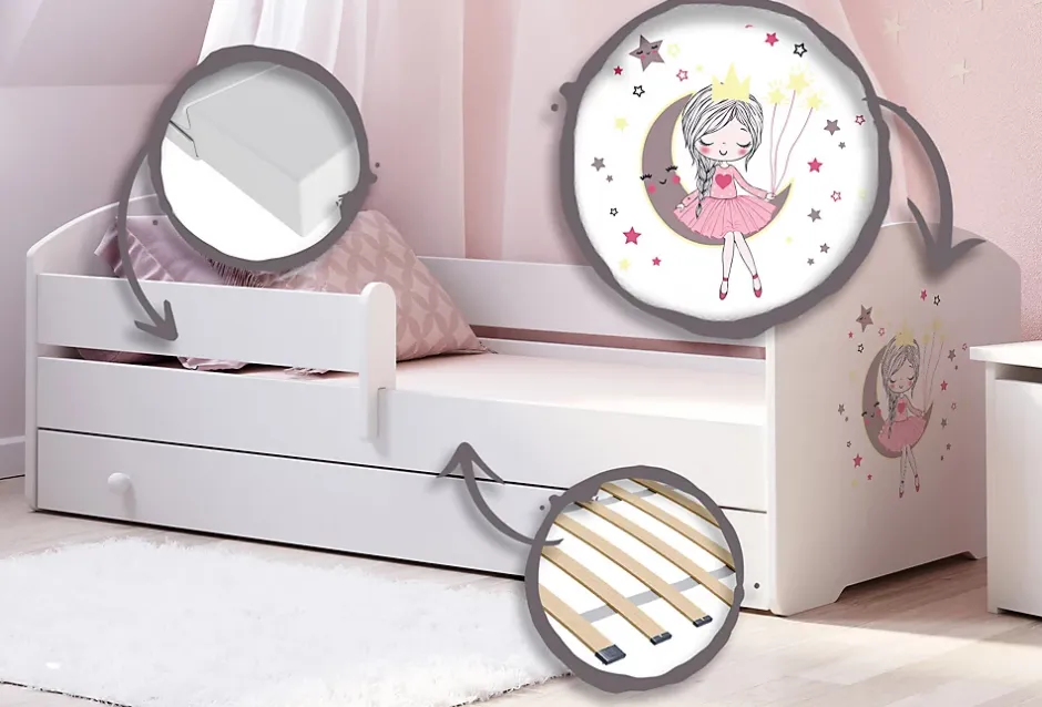 Kobi LUK lit enfant avec tiroir et barreau 160x80 princesse endormie Discount