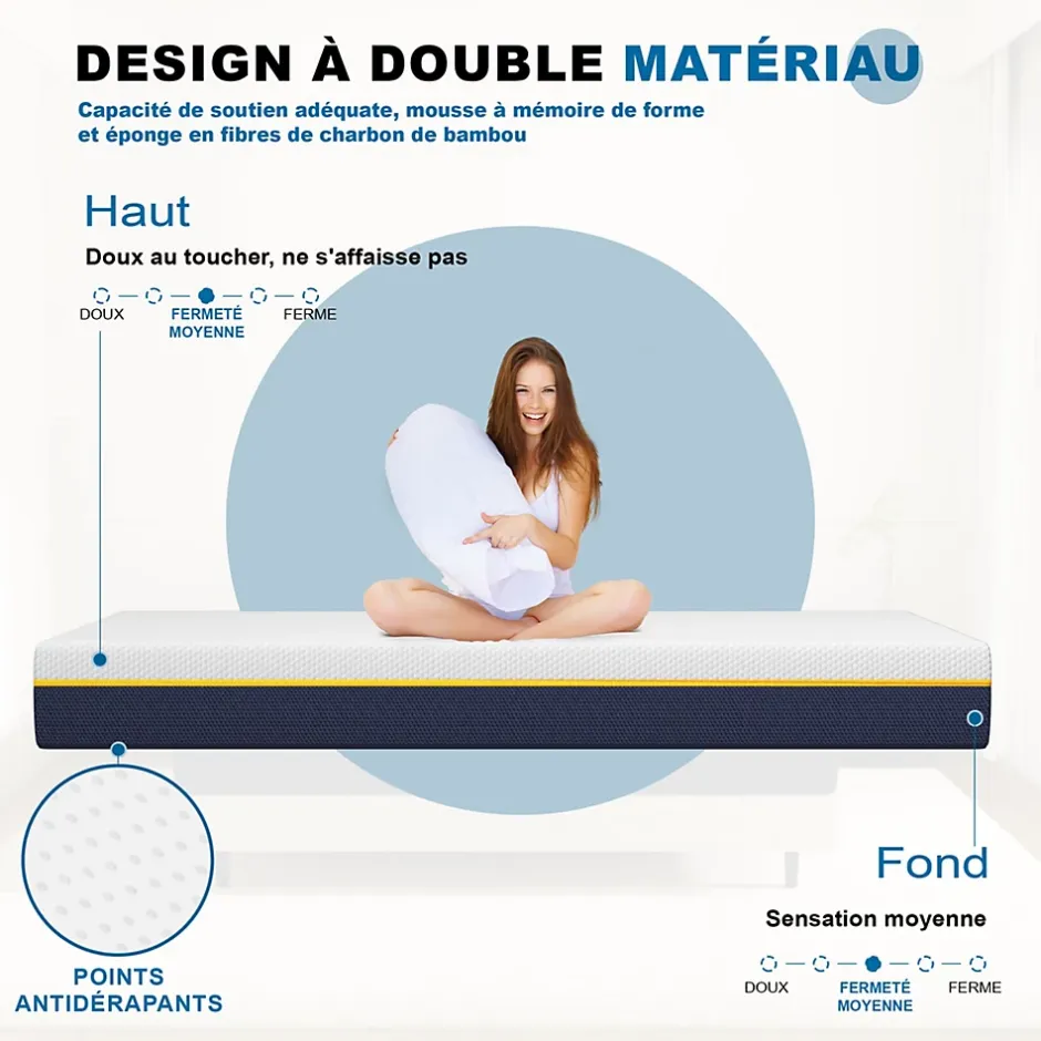 Teeno Matelas adulte de 17 cm, 90 x 200 cm (mousse à mémoire de forme + fibre de charbon de bambou) Online
