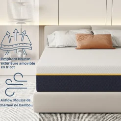 Teeno Matelas Adulte 90x190 cm, Épaisseur 21 cm, Mousse à Mémoire + Fibres de Charbon de Bambou