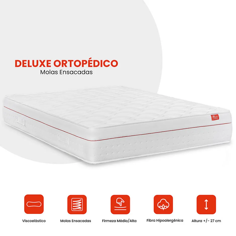 Mercado Do Colchão Matelas Deluxe Orthopédique 190 x 140 cm, 27 cm. Ressorts ensachés et viscoélastique, réversible, soutien medium, tissu respirant.